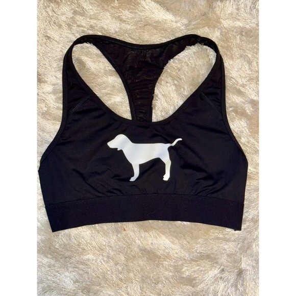 Victoria's Secret PINK Black Sports Bra Dog Logo Mesh Racerback Athleisure Top - Picture 4 of 9